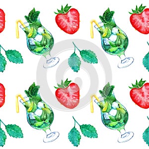 Watercolor mojito lime ice mint strawberry cocktail seamless pattern vector