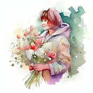 Watercolor mom with flower bouquete. 8 March greeting card. Illustration AI Generative