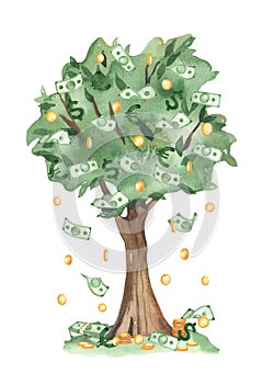 Watercolor money tree with dollars, gold coins, falling money, paper bills, green bills for greeting cards