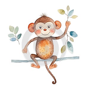 Watercolor monkey illustration isolated on white background