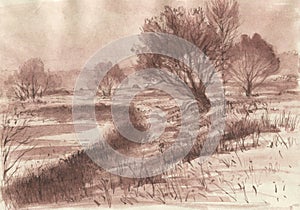 Watercolor monochrome landscape of riverside in cold season