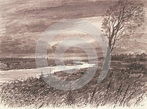 Watercolor monochrome landscape of riverside in windy cloudy inclement weather