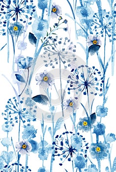 Watercolor monotone in blue wild floral pattern, delicate flower