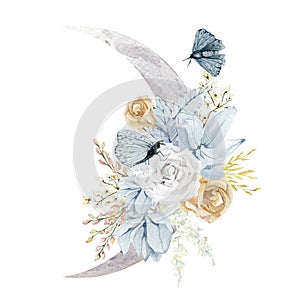 Watercolor moon and flower bouquet. Elegant celestial art with floral and buterfly. White and blue illustration for moon calendar