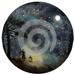 Watercolor Moon at starry night, galaxy with stars, space and astrology universe illustration.