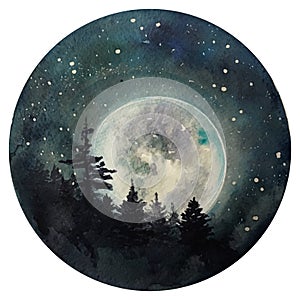 Watercolor Moon at starry night, galaxy with stars, space and astrology universe illustration.