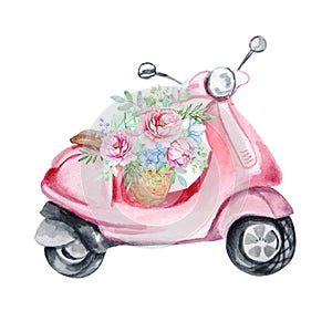 Watercolor moped with a basket of peonies