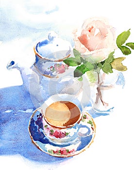 Watercolor Morning Breakfast Coffee Rose Illustration Hand Drawn