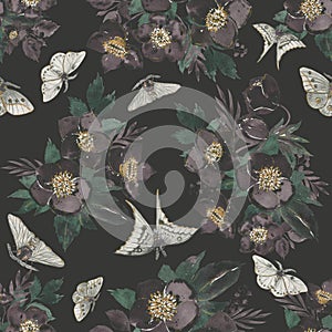 Watercolor moths with dark flowers, seamless pattern