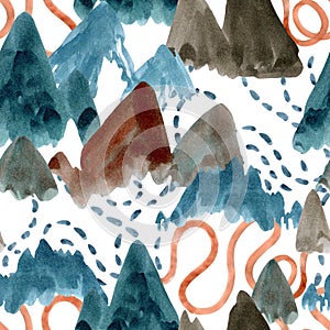 Watercolor mountain art background. Abstract landscape seamless pattern