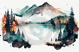 Watercolor mountain forest and lake landscape. Generative ai design