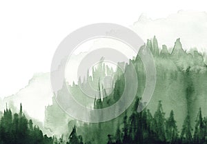 Watercolor mountain landscape in the fog abstract background