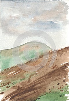 Watercolor mountain landscape with hills, grass, dirt bike stones