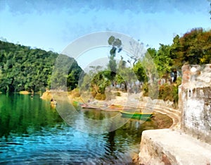 Watercolor mountain landscape. Phewa Lake, Pokhara, Nepal