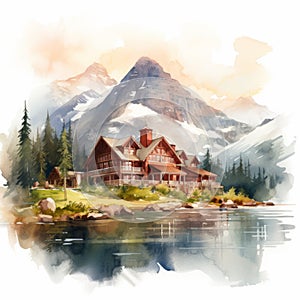 Watercolor Mountain Lodge Illustration With Realistic And Detailed Renderings