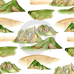 Watercolor mountain ridge seamless pattern. Hand drawn high green mountains range background. Summer landscape isolated