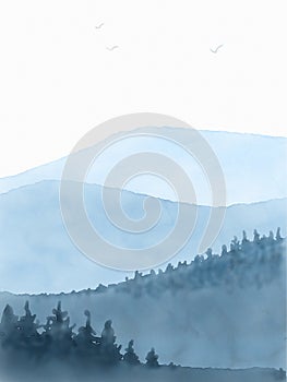Watercolor mountain silhouette in blue and grey tones