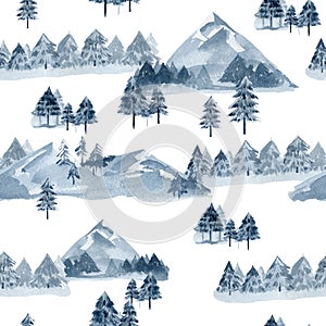 Watercolor mountaine landcape seamless pattern with forest tree. Deep blue color for textile fabric