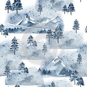 Watercolor mountaine landcape seamless pattern with forest tree. Fir Tree deep blue color for textile fabric