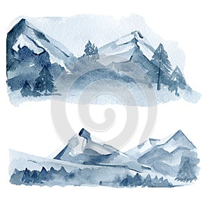 Watercolor mountaine landscape scene,  forest tree, winter deep blue. Christmas woodland. Travel illustration for logo