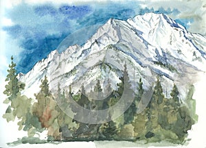 Akvarel z hory a lesy z východní 
