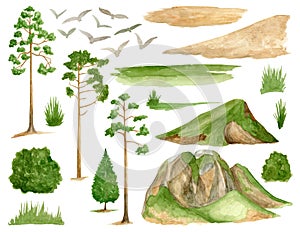 Watercolor mountains landscape set. Hand painted high green peak, pine tree, bird silhouette, grass texture isolated on