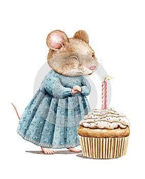 Watercolor mouse in dress blows on birthday muffin with candle