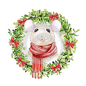 Watercolor mouse illustration in a scarf with Christmas mistletoe wreath. Cute little rat a simbol of chinese zodiac 2020 new year