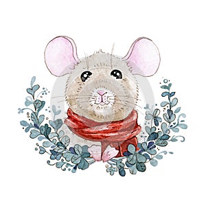 Watercolor mouse or rat illustration in a red scarf with wreath. Cute little mouse a simbol of chinese zodiac 2020 new year