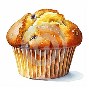 Watercolor muffin with raisins, isolated on white background photo