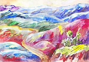 Watercolor multi-colored mountains. Bright  fantastic landscape