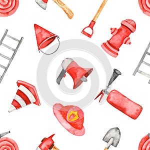 Watercolor multi directioanal seamless pattern with fire equipment on a white background