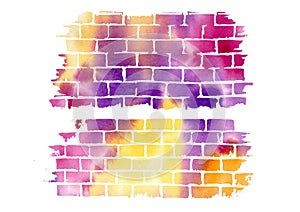 Watercolor multicolored Brick wall texture on white background. Violet, brown, orange, yellow and pink Watercolour