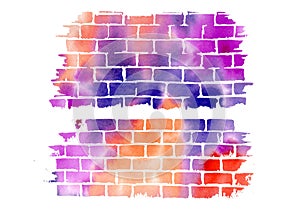 Watercolor multicolored Brick wall texture on white background. Violet, orange and red Watercolour gradient Bricks