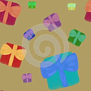 Watercolor multicolored gift boxes with golden bows on brown background. Christmas seamless pattern. Birthday, anniversary, festiv