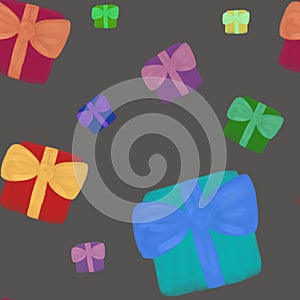 Watercolor multicolored gift boxes with golden bows on gray background. Christmas seamless pattern. Birthday, anniversary, festive