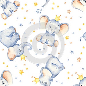 Watercolor multidirectional seamless pattern with cute baby elephants crown and stars