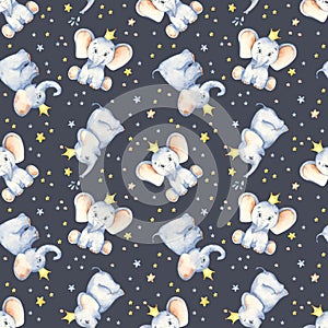 Watercolor multidirectional seamless pattern with cute baby elephants crown and stars