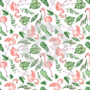 Watercolor multidirectional seamless pattern with flamingos and tropical leaves