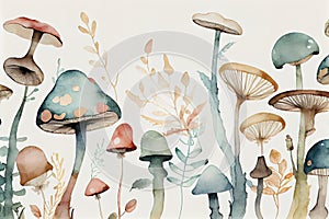 Watercolor Mushrooms, Autumn Mushroom Painting, Wild Mushrooms Abstract Generative AI Illustration