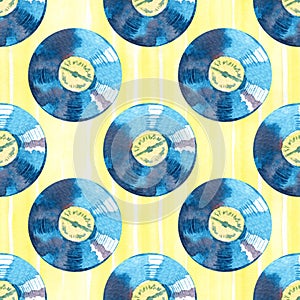 Watercolor music pattern. Seamless background with gramophone.