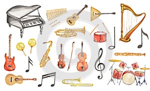 Watercolor musical instruments set.