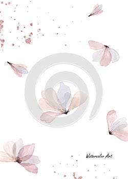 Watercolor natural art of floral decorated with pink gold drops