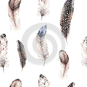 Watercolor natural birds feather boho pattern. Bohemian Seamless texture with hand drawn feathers. Feather boho