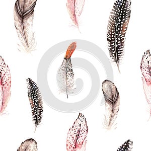 Watercolor natural birds feather boho pattern. Bohemian Seamless texture with hand drawn feathers. Feather boho illustration for y