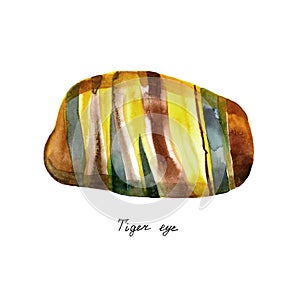 Watercolor natural mineral gem stone - Tiger`s eye - Tiger eye gemstone isolated on white background.