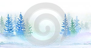 Watercolor natural winter background with fir trees on snow hand drawn illustration
