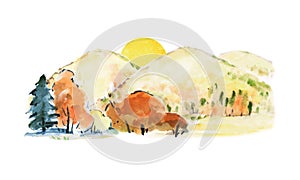 Watercolor nature autumn bright hand draw vector illustration. Sun setting over a landscape of meadows and mountains