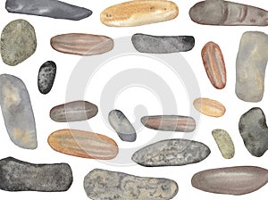 Watercolor nature sea stones, sea pebbles, brown rocks on a white background.