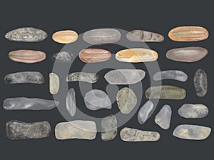 Watercolor nature sea stones, sea pebbles, brown rocks on a white background.
